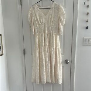 Bohme Cream V-Neck Puff Sleeve Midi Dress